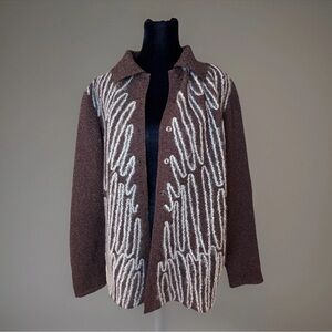 Japanese Jacket Top Sz L Brown All Over Pleats Button Up Lightweight Party Work